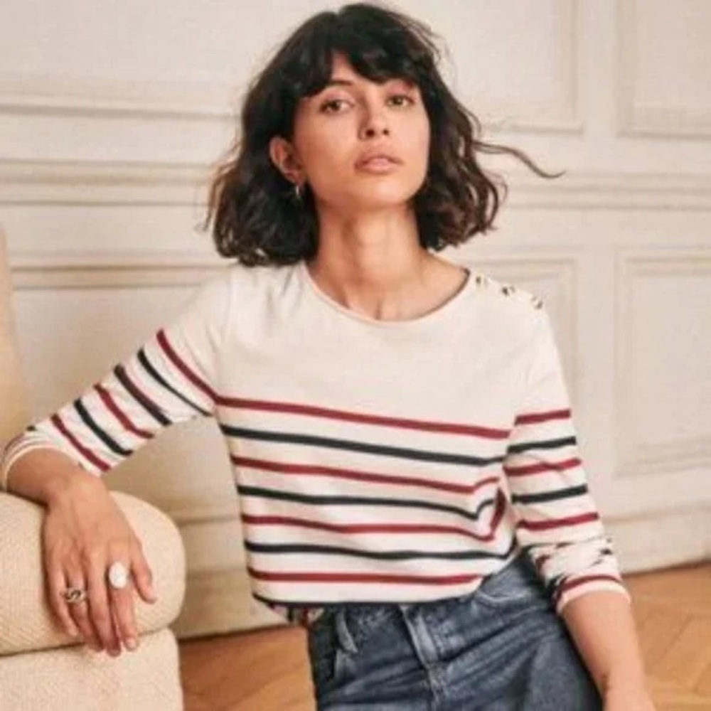 Sezane Mariniere Loic - White and Cream Striped 3/4 Sleeve T-Shirt